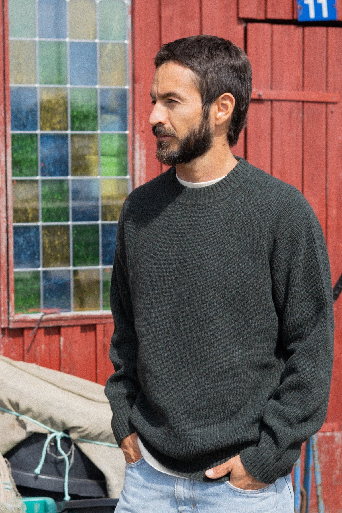 Roundneck Mens Recycled Wool Knit /Dark Green