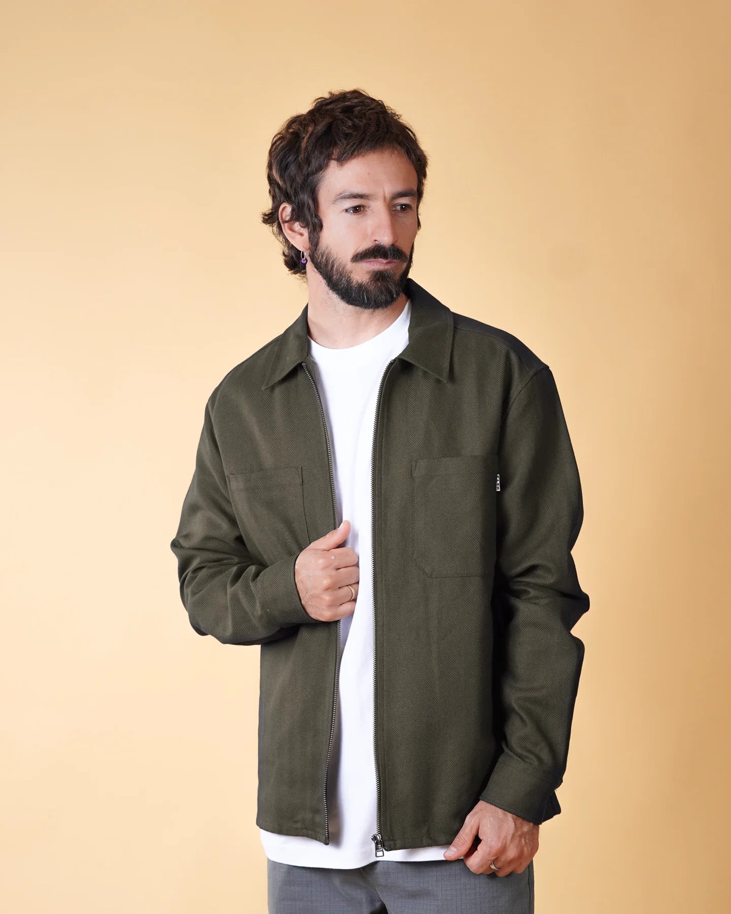 Herringbone Zip Men's Overshirt /Turtle Green