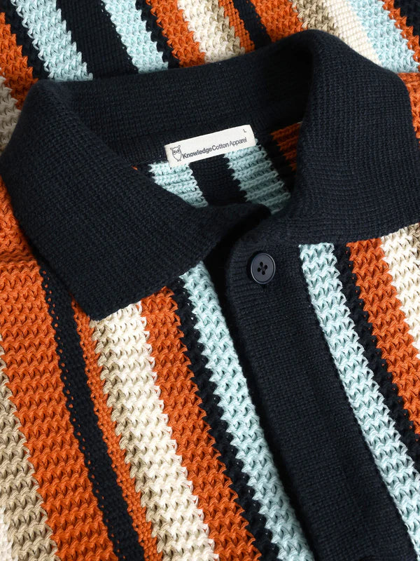 Loose Short Sleeve Striped Knitted Shirt - Regenerative Organic Certified - GOTS/Vegan (Blue Stripe)