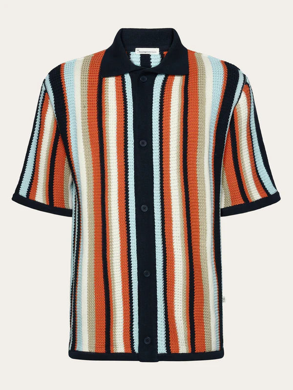 Loose Short Sleeve Striped Knitted Shirt - Regenerative Organic Certified - GOTS/Vegan (Blue Stripe)