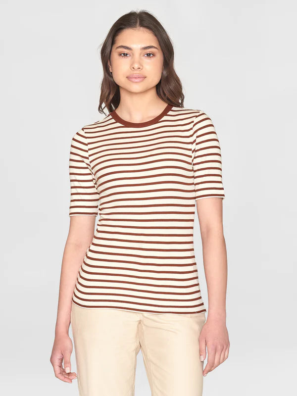 Striped Rib T-shirt (Brown)  - Knowledge Cotton Apparel