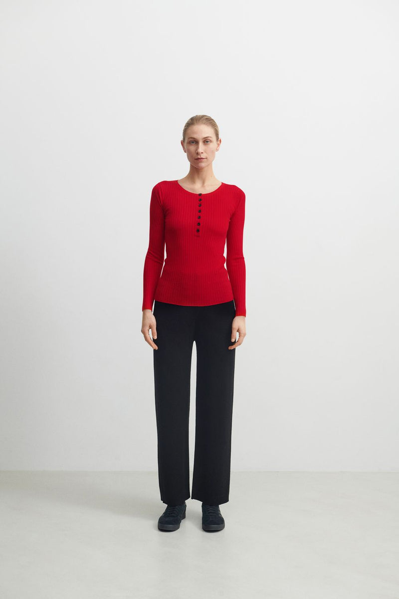 Rib Button Blouse (Red) - FUB