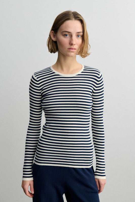 Striped Rib Blouse (Navy/Ecru) - FUB