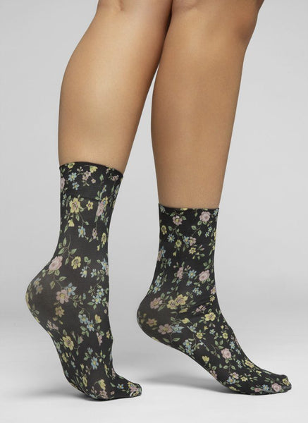 Ada Flower Socks Black/Multi - Swedish Stockings