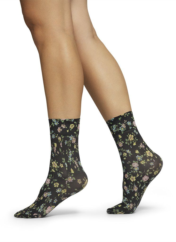 Ada Flower Socks Black/Multi - Swedish Stockings