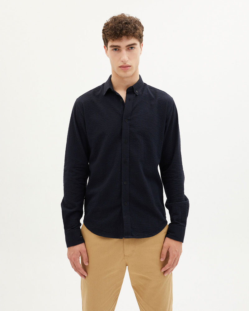 Seersucker Ant Shirt (Dark Navy / Black Stripe) - Thinking MU