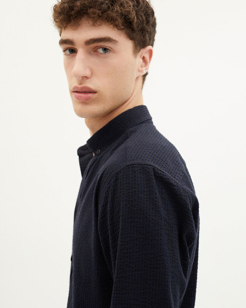 Seersucker Ant Shirt (Dark Navy / Black Stripe) - Thinking MU